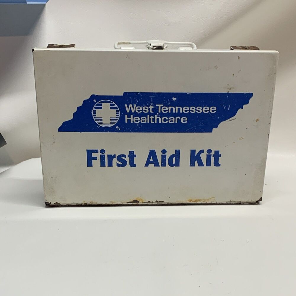 WTHC Brand Metal Locking First Aid Kit Box With Handle + VTG Contents- No Use